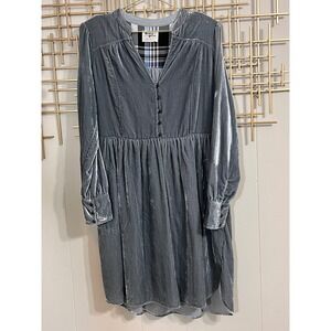 Holding Horses Velvet Button Front Midi Dress Dusty Blue Long Sleeve Shirt Dress